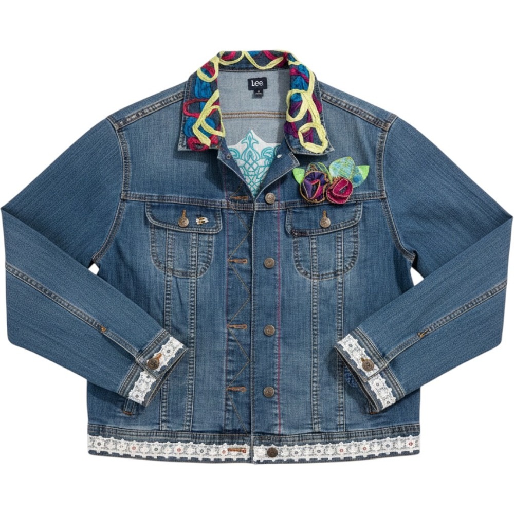 Customized Lee Womens XL Denim Jacket Embellished Lace Embroidery Artsy Hippie